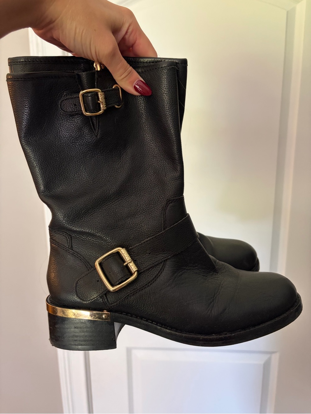 Vince Camuto Black Leather Mid-Calf Combat Boots with Gold Buckles